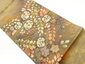 作家物　ふくれ織手描き銀通し辻が花模様袋帯